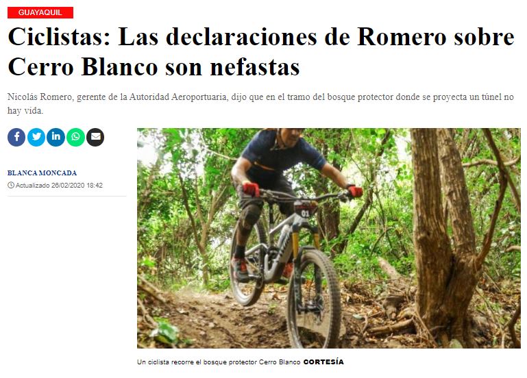 Prensa de Guayaquil difunde rechazo a expresiones contra ciclistas en Cerro Blanco